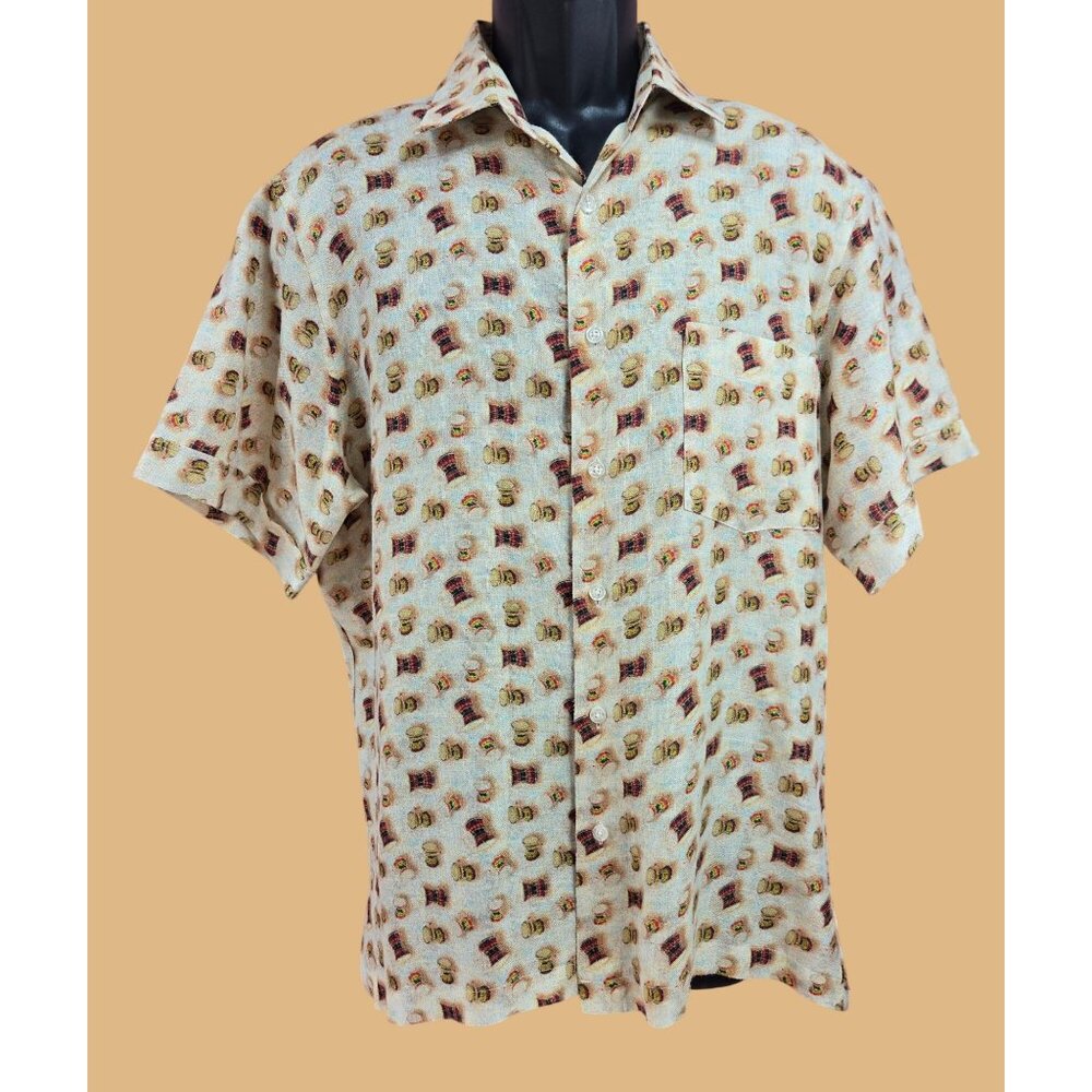 Centuria Mens Beige Button-Up Bongo Drum Print Shirt Medium